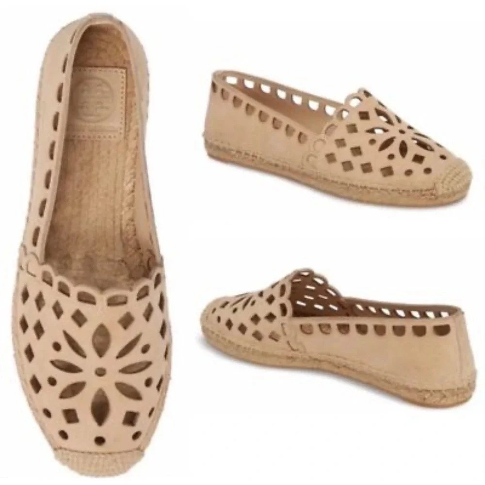 Tory Burch Espadrille Flats Women 8 Tan Laser Cut Suede Boho Summer Chic‎